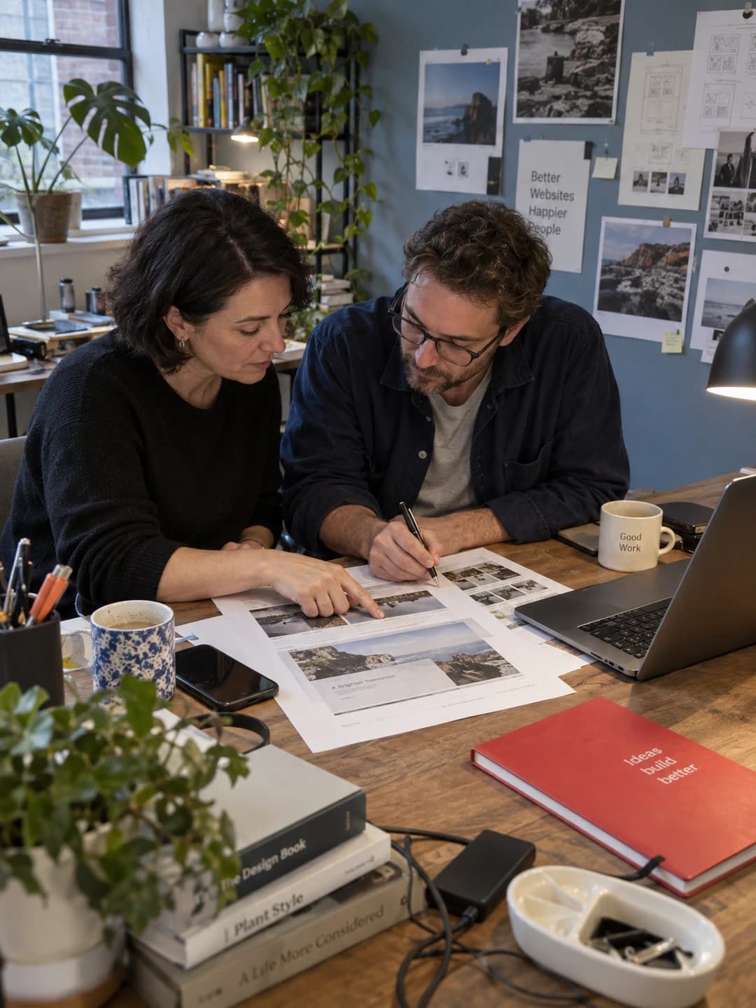 Two consultants reviewing printed layouts and taking notes