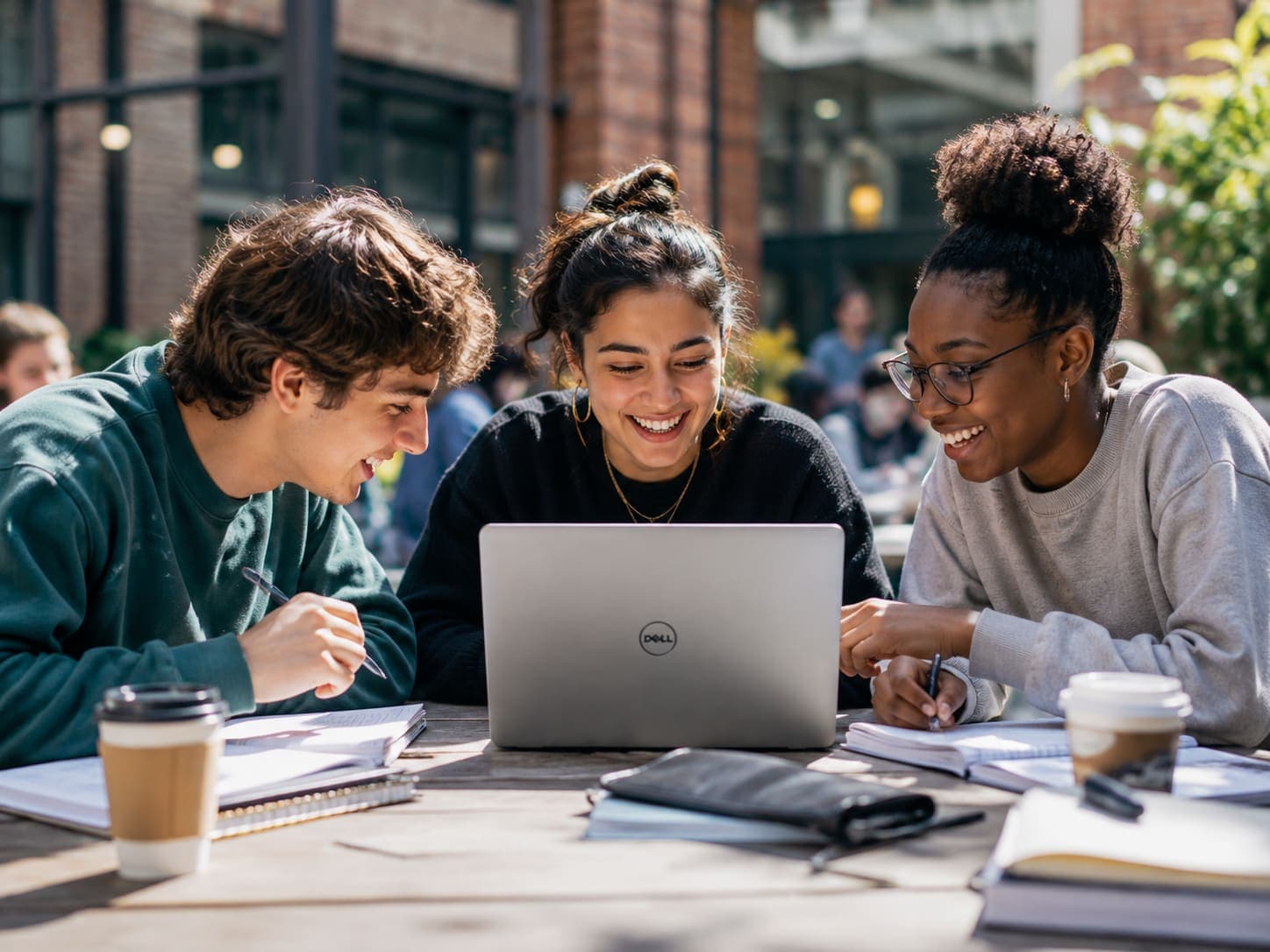 Three students working together around a laptop at an outdoor table.